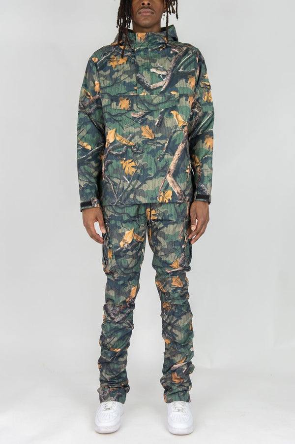 Rebel Minds - Camo Nylon Anorak & Stacked Cargo Pants Set - Wood Camo