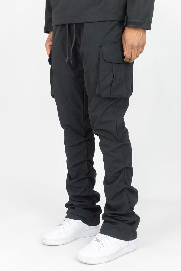 Rebel Minds - Solid Nylon Stacked Cargo Pants - Black