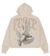 Roku - Peace Cropped Drop Shoulder Fleece Hoodie W Rhinestone Details - Taupe