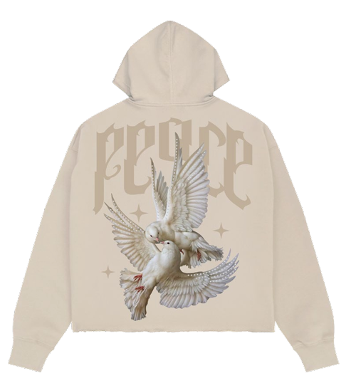 Roku - Peace Cropped Drop Shoulder Fleece Hoodie W Rhinestone Details - Taupe