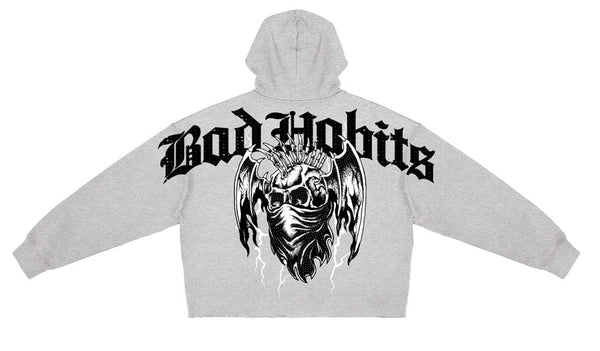 Roku - Respect Or Die Cropped Drop Shoulder Hoodie W Rhinestone - Heather Grey