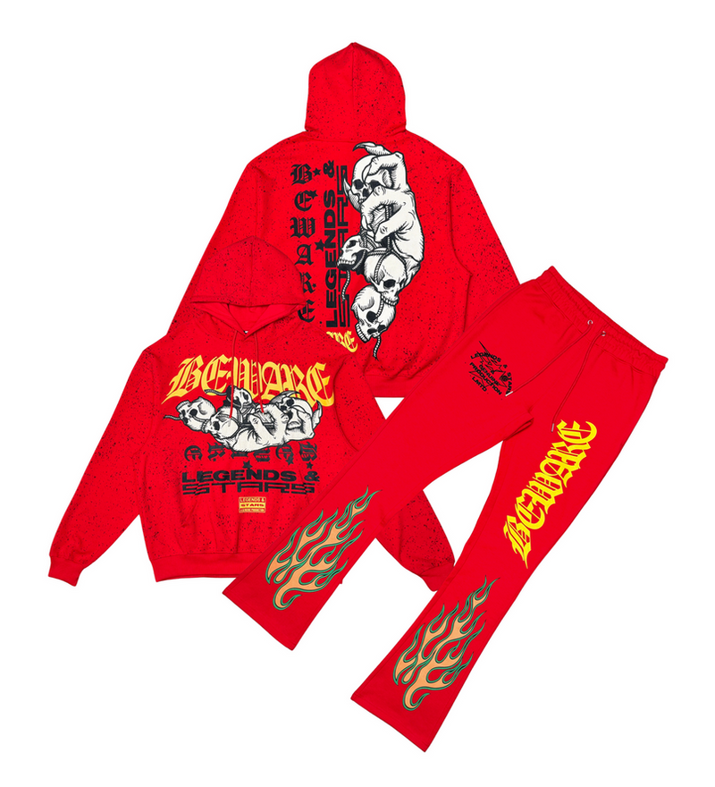 Genuine - Beware Hoodie & Flare Pants Set - Red