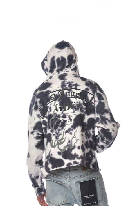 Gunzinii Lost Angels Tie-dye Crop Top Pullover Hoodie - Grey