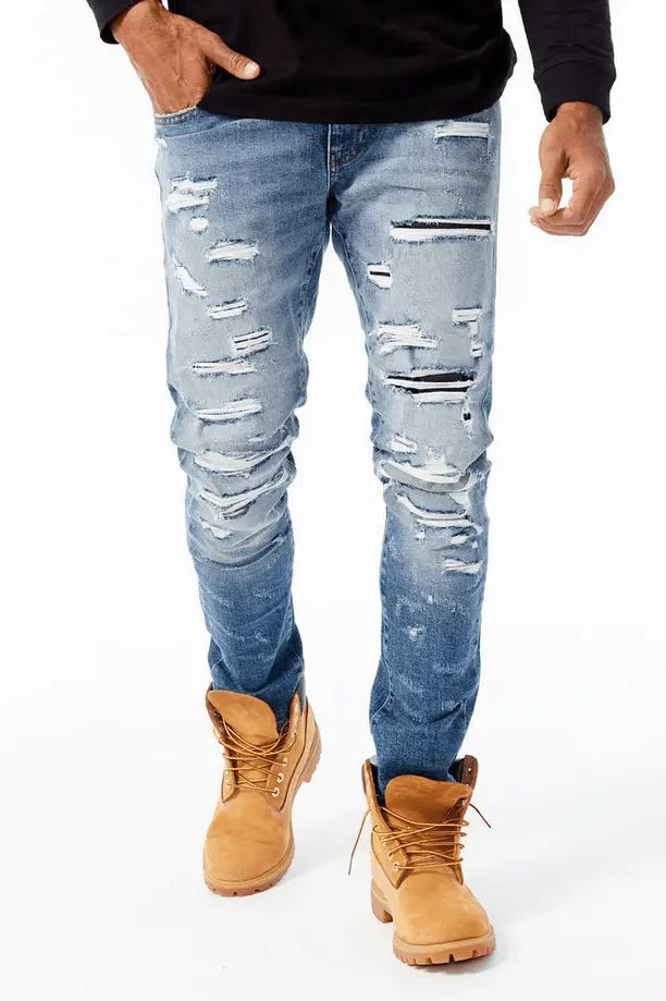 Jordan Craig Sean - Elmhurst Denim Jt3493 Crinkled Jeans W Shreds - Mid Blue